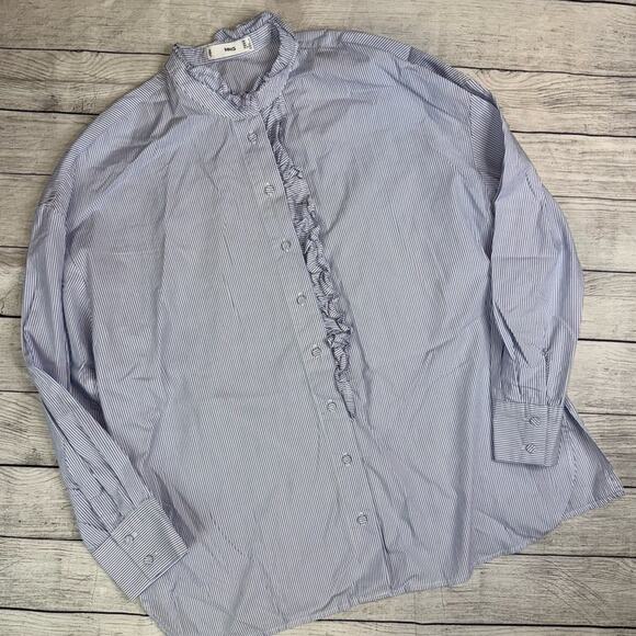 MNG Mango Women's Blue Pinstripe Buttoned Shirt with Ruffle Detail Size 4 - Picture 1 of 6